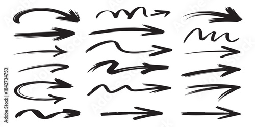 Bold Brush Stroke Arrow Vector Set - Hand Drawn Curved Fluid Pointers