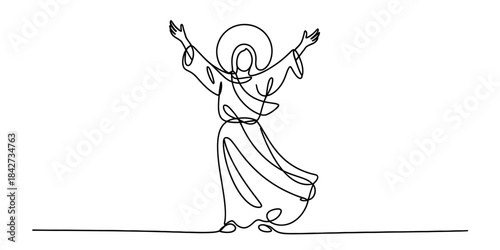 Minimalist continuous line drawing of a divine figure with raised arms, symbolizing faith and resurrection. Vector, illustration