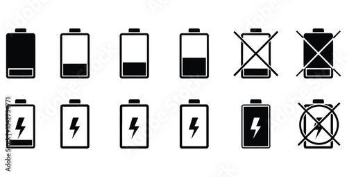 Set of twelve black and white battery icons showing charge levels and charging status symbols