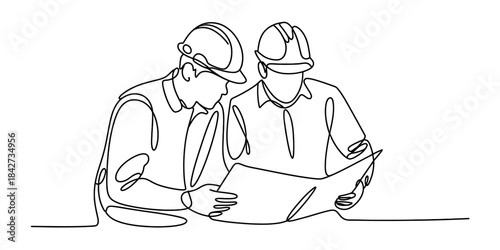Continuous line drawing of two construction engineers analyzing a blueprint together Vector, illustration
