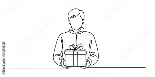 Minimalist continuous line drawing depicting a person holding a present for a special occasion Vector, illustration