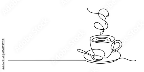 A continuous line drawing of a steaming coffee cup on a saucer with a spoon Vector, illustration