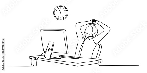 A person relaxing at their desk after a long day of work, continuous line art drawing Vector, illustration