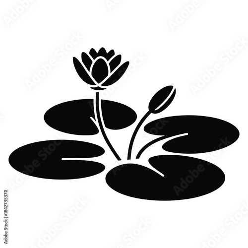 Graceful black silhouette of two water lily flowers with buds and three floating pads on a transparent background depicting serene aquatic plants