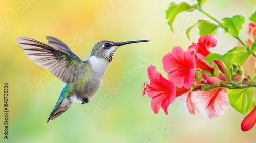 A close-up of an Anna hummingbird in flight near a red Mandevilla flower, showcasing grace and vibrant detail