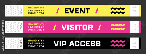 Wristbands for access control. Vector template for events, parties, fan zones, staff, VIP areas, and more.	