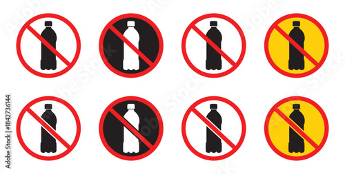 No plastic bottle sign in black and red, environmental ban concept. No plastic bottle sign. Vector illustration. No plastic waste icon. 