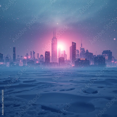 A futuristic snowy cityscape with neon-lit megastructures under icy layers, holographic snowfall, and soft winter sunrise glow, creating a clean cyberpunk holiday scene ideal for mockups and tech bran