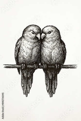 Love birds sketch vintage ink drawing of two birds sitting close together on branch calm romantic nature illustration hand drawn art