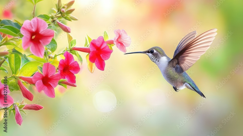 Fototapeta premium An Anna hummingbird hovers beside a vivid red Mandevilla bloom, its wings blurred in motion, capturing elegance and energy