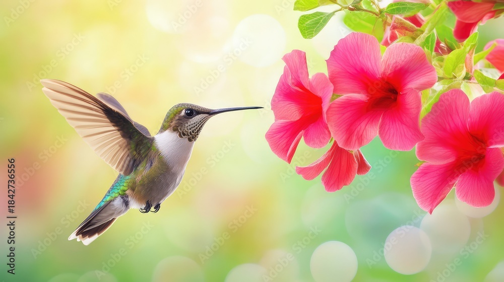 Fototapeta premium An elegant hummingbird mid-hover beside a deep red Mandevilla blossom, set against a blurred garden backdrop