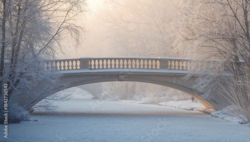 A tranquil winter morning illuminates a classic stone arch bridge spanning a frozen river, with frost-covered trees glistening under a soft, ethereal glow