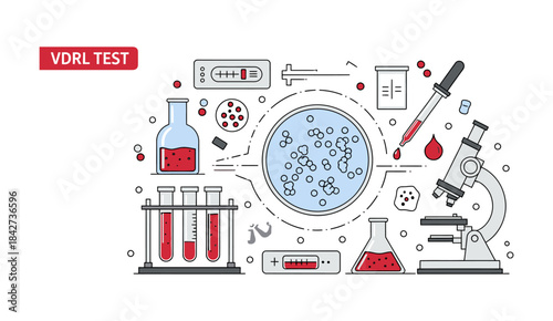 Outline illustration of laboratory equipment for VDRL Test (Venereal Disease Research Laboratory), showing microscope, test tube, chemical bottle, pipette, and petri dish with agglutination.