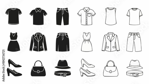 Collection of Black and White Fashion Clothing and Accessories Icons.
