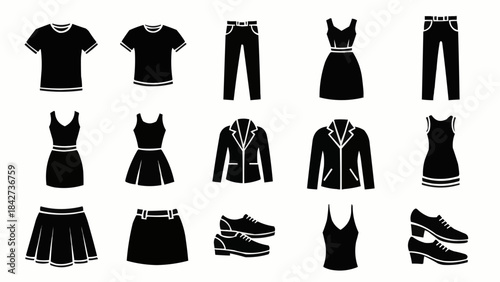 Collection of various clothing items and accessories in black silhouette.