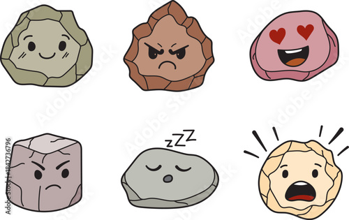 Cute funny cartoon rock face set fun character collection