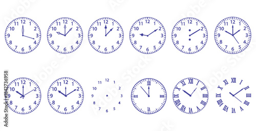 Collection of twelve blue analog clock faces showing various times for educational or design use