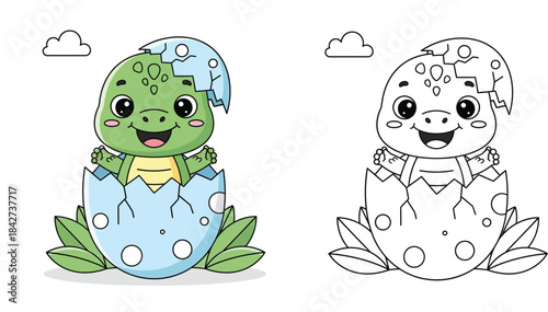 Cute cartoon baby turtle hatching from egg vector illustration and black and white outline for coloring book page printable for kids