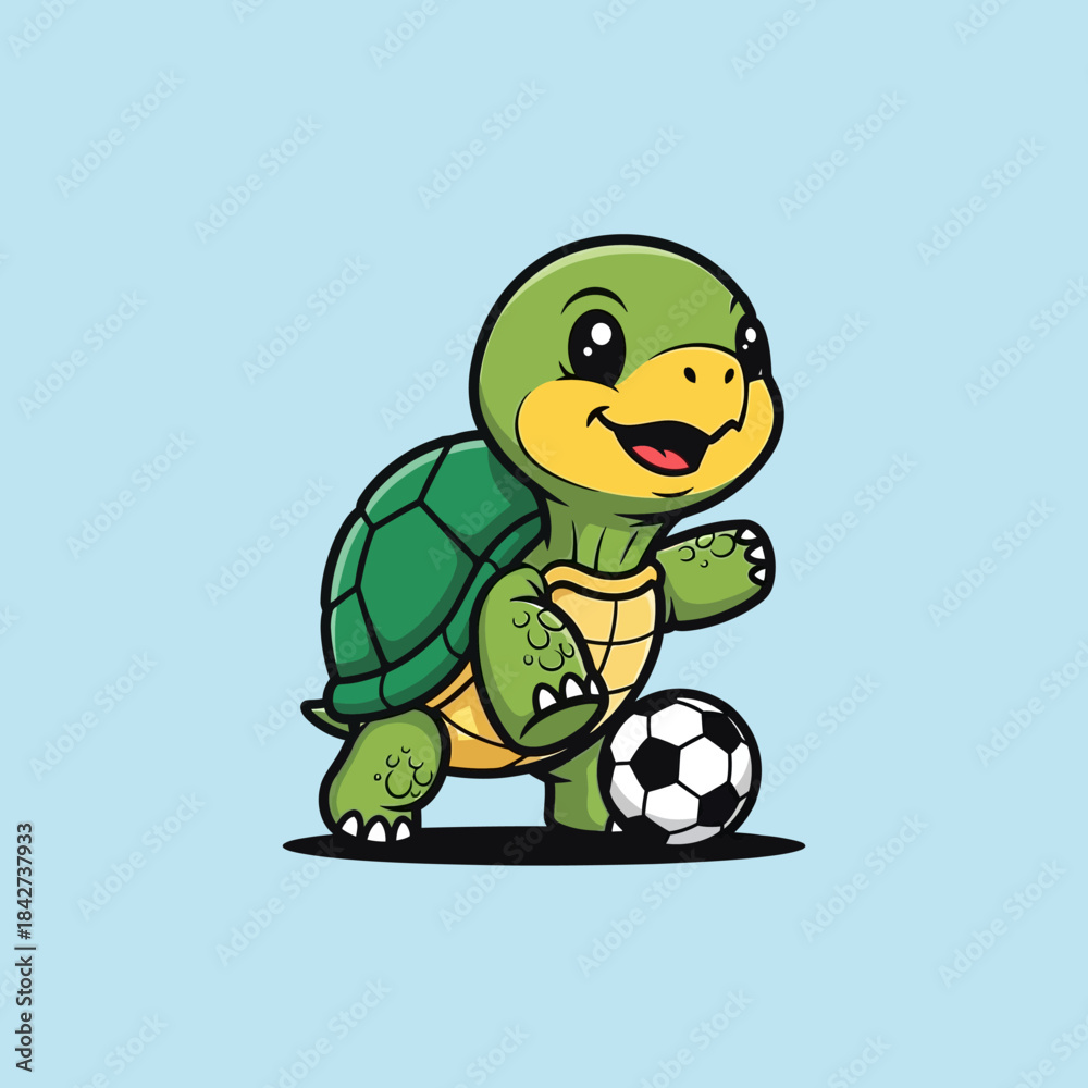 Obraz premium Cute cartoon turtle playing soccer with a ball.