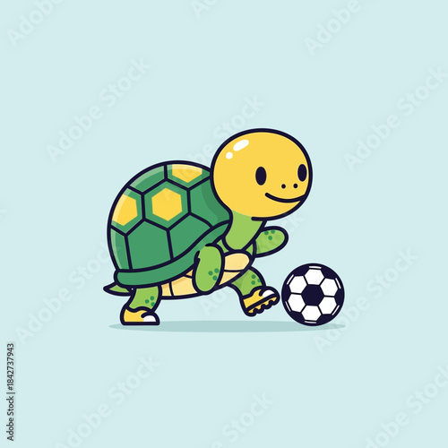 Cute cartoon turtle playing soccer with a ball.