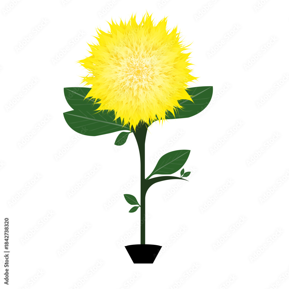 Obraz premium Illustration of a yellow flower with green leaves. The flower stands tall, showcasing its vibrant yellow petals. Simple, elegant, and botanical design. Vintage flower illustration vector.