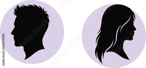 Male and female silhouette profile icons in circular backgrounds, modern vector illustration for communication, identity, relationship, social interaction and gender concept design