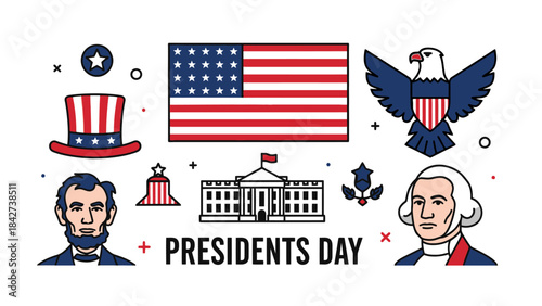Vector illustration of United States President's Day with main icons: Abraham Lincoln, George Washington, White House, American flag with 24 stars, Uncle Sam's hat, and bald eagle