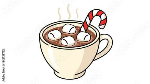 A cartoon illustration of a steaming mug of hot chocolate with marshmallows and a candy cane.