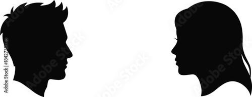Silhouette profiles of man and woman facing each other, minimalist vector illustration for communication, relationship, gender concept, conversation and social interaction themes