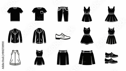 Collection of various clothing and footwear items in black silhouette.
