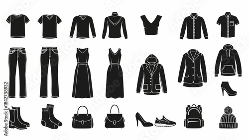 Collection of Black Silhouettes of Womens Clothing and Accessories.