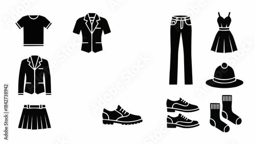 Collection of Black Clothing and Shoe Icons Representing Fashion and Style.