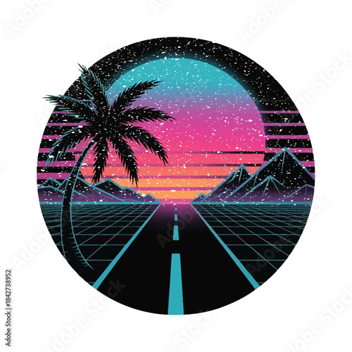 Neon Road to Sunset — Retro Grid Horizon Palm Tree T-Shirt Design