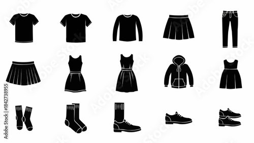 Collection of Black Clothing and Footwear Icons.