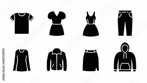 Collection of various black silhouette clothing items and apparel.