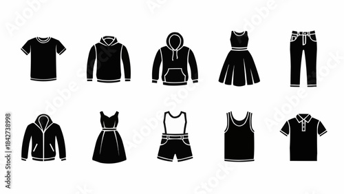 Collection of Black Clothing Icons for Fashion and Apparel Design.