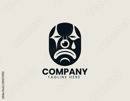 Sad clown face with teardrop and expressive minimalist features in bold black vector logo illustration