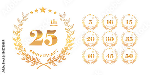 Anniversary Logos 5, 10, 15, 20, 25, 30, 35, 40, 45, 50  Gold Celebration Set