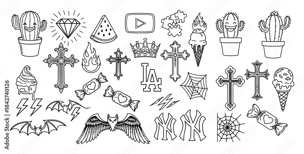Fototapeta premium Collection of black and white doodle icons featuring crosses cacti candy ice cream bats and logos for tattoo design