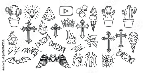 Collection of black and white doodle icons featuring crosses cacti candy ice cream bats and logos for tattoo design