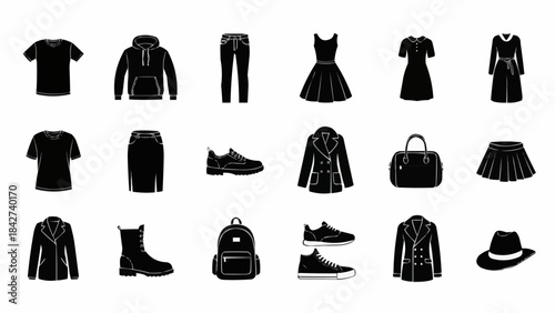 Collection of Black Clothing and Accessories Icons for Fashion and Style.