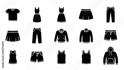 Collection of Black Clothing Icons Representing Various Apparel Items.