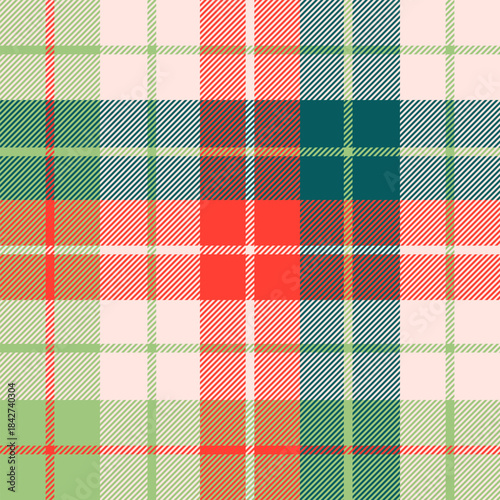 Christmas new year check, green red tartan plaid texture for textile, fabric, print, wallpaper, wrapping paper, clothing, garments, table cloth and background. Scottish vector pattern illustration
