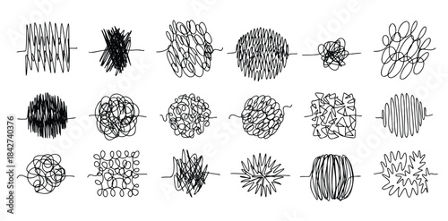 Chaos lines doodle set. Hand drawn tangled clew. Insane scribble lines. confused doodle scribbles.