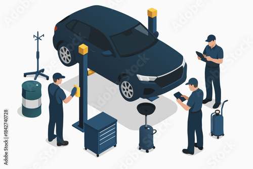 Mechanic team servicing modern car in professional garage