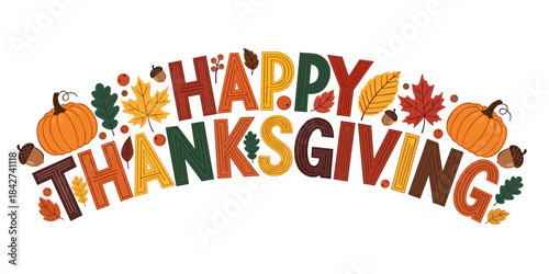 Happy Thanksgiving Typography Banner with Pumpkins and Autumn Leaves – Fall Holiday Greeting Illustration