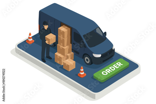 Delivery truck with boxes on smartphone screen for online order