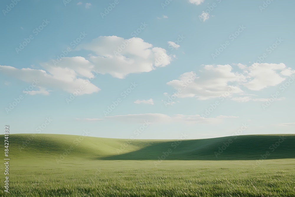 Fototapeta premium A vibrant green wheat field stretching into the distance under a clear blue sky . 
