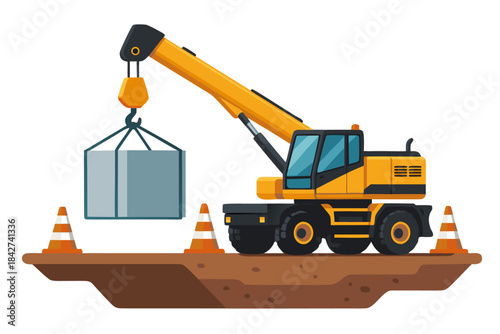 Construction crane lifting heavy load on building site with safety cones