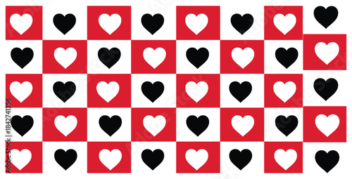Seamless repeating pattern of black and white hearts on a checkerboard background of red and white squares